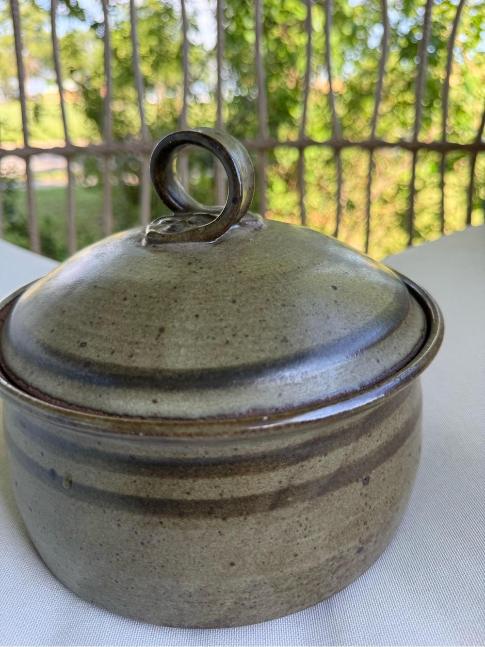 Vintage Speckled Olive Green Brown Handmade  Stoneware Lidded Ceramic Jar